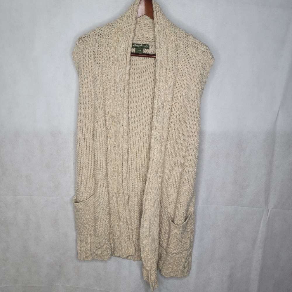 Eddie Bauer Sleeveless Open Cardigan Beige Crochet Wool Blend Granny Sweater S